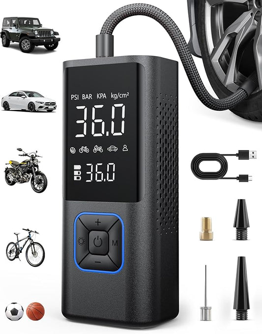 Cordless Tire Inflator Portable Air Compressor - 150PSI Air Pump with Auto Shutoff Function for Car Tires, Inflatables, Motorcycle, Balls, Compact Bike Tire Pump with LED Light, Blue, Large