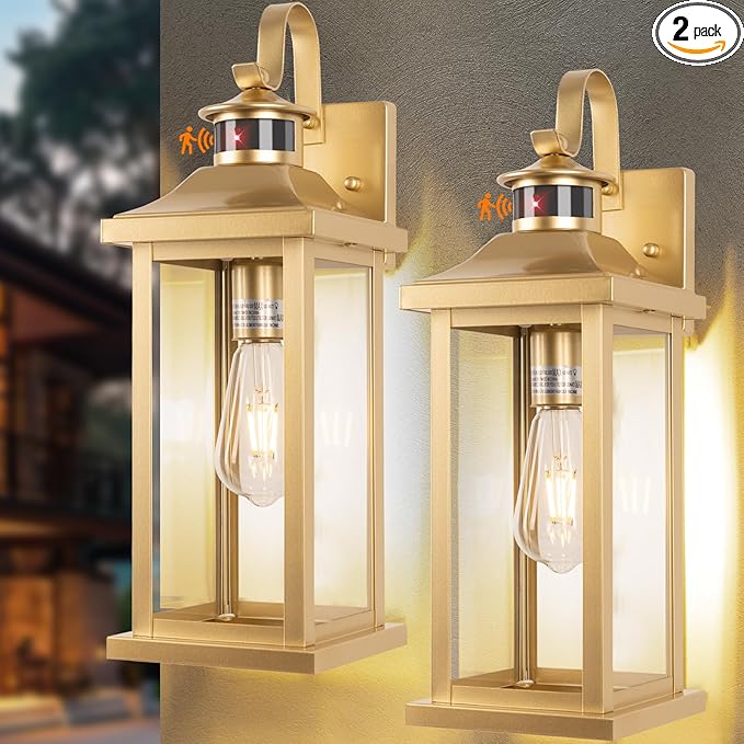 2-Pack Gold Dusk to Dawn Motion Sensor Lights 18 Inch, Large Outdoor Light Fixtures IP65 Waterproof Anti-Rust Brass Outside Lights for House Photocell Modern Exterior Lanterns Wall Mounted