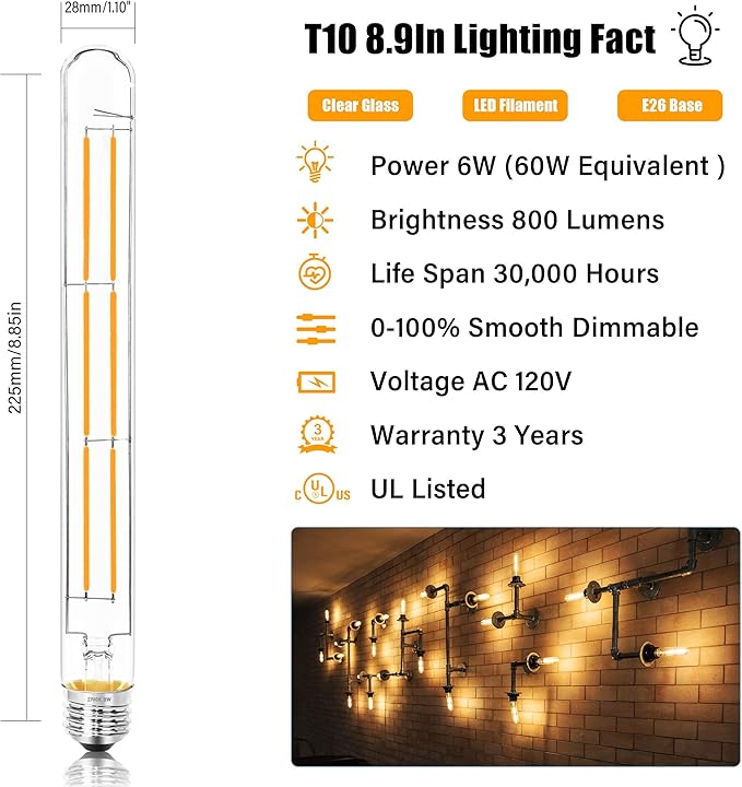 8.9IN LED Light Bulbs E26 Base, 6W 800LM 2700K Soft White T10 T9 Vintage Edison Bulbs Dimmable, AC 120V Equal 80 Watt Clear Glass Long Tubular Filament Bulb, UL Listed - 2Pack