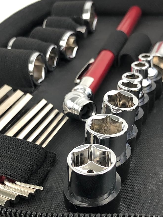 Apollo Tools 56 Piece Compact Metric Auto Tool Set in Zippered Case, Small Mechanic Tool Set for Car Emergency, Motorcycle Repair on the Road, Great for Travel Tool Needs - Red - DT9775