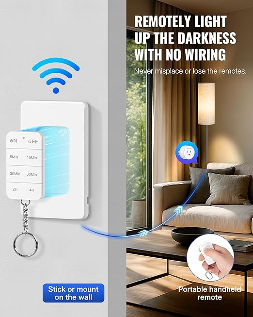 Remote Control Outlet with Timer, WILAWELS Indoor Outlet Timer with Remote, 100FT Wireless Control Range, 15A/1875W, Remote Outlet Switch Countdown Time for Household Appliances W13RC1106