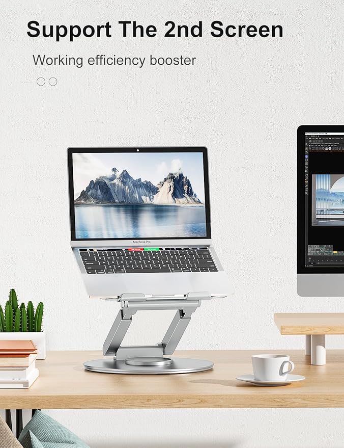 tounee Telescopic Laptop Stand for Desk with 360° Swivel Base, Sit to Stand, Height Adjustable, Portable Riser Holder for Good Posture, Compatible with All Laptops 10-17"-Silver