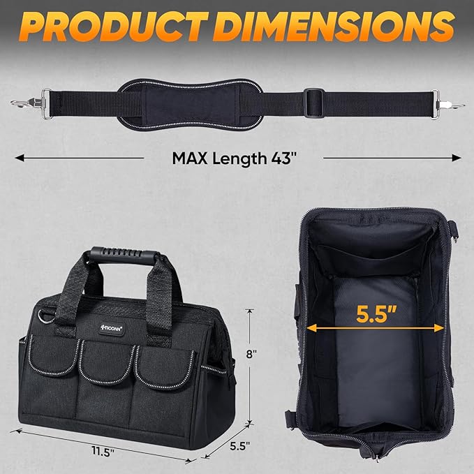 TICONN Heavy Duty Tool Bag with Multi-Pockets, Portable Tool Box Organizer Storage Bag, with Adjustable Shoulder Strap and Ergonomic Handle (Black, 12" Standard Base)