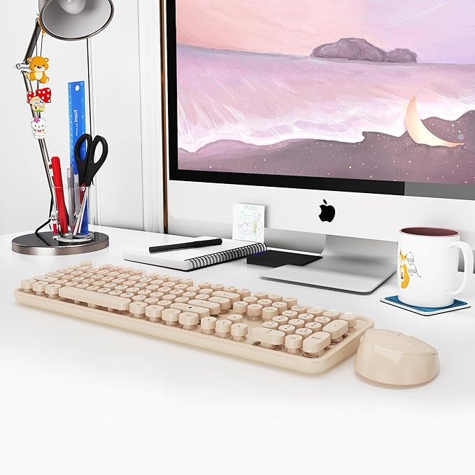 Wireless Keyboard and Mouse Combo, Cute Colorful 104 Keys Typewriter Retro Round Keycaps Keyboard for PC Laptop,Desktop,Windows, Home and Office Keyboards Coffee