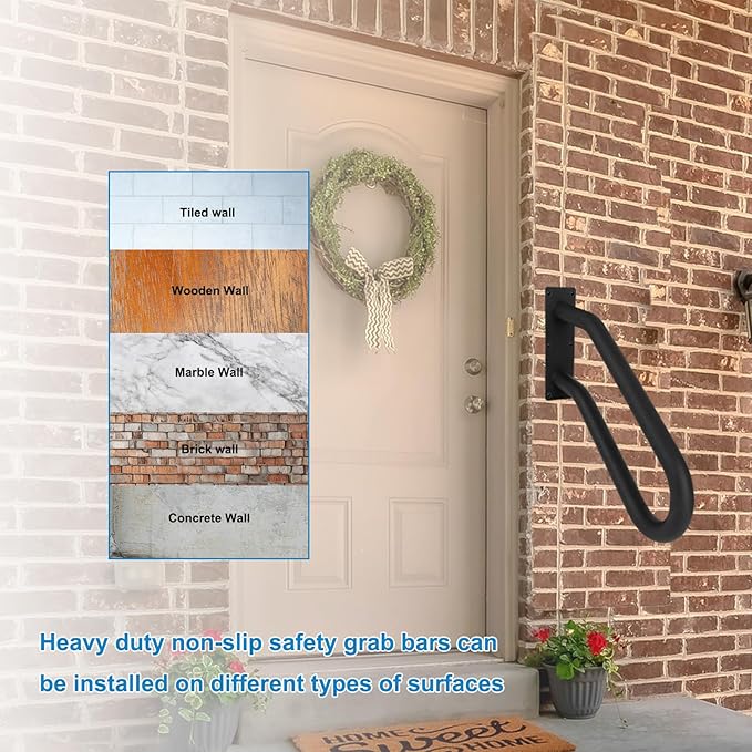 2 Pack Handrail for Outdoor Steps for 1-2 Step Stairs Wall Mount handrails U Shaped Handrail, Stair Rail with Black Powder Coat Finished, Suitable for Garden，Yard and Garage