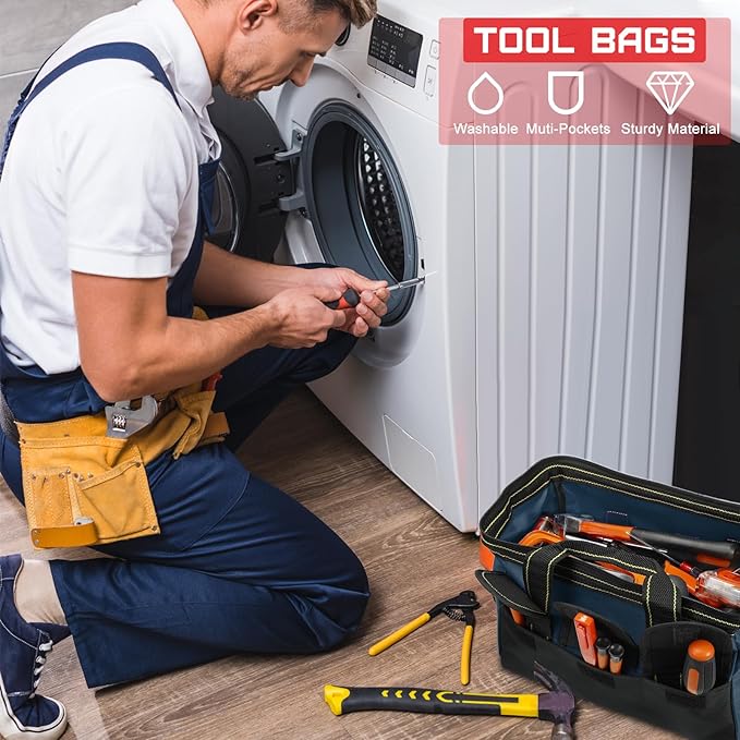 Silkfly 8 Pcs Tool Bags for Men Heavy Duty with Waterproof Hard Bottom Wide Mouth Large Tool Tote Bag Multi Pockets Organizer Tools Kit for Electrician Carpenter Mechanic Dad Gifts(13 Inch)