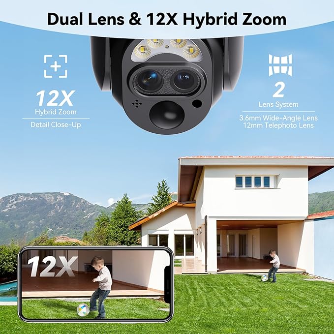 SEHMUA 4G LTE Dual Lens Cellular Security Camera, 12X Hybrid Zoom, No WiFi Needed Outdoor Surveillance, Solar Powered, 2K Color Night Vision, 360° View, Built-in SIM Card, IP65