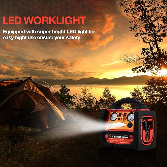 1800 Amp Car Jump Starter with Air Compressor,Portable Power Station with 260 PSI Tire Inflator,400W Power Inverter Dual AC/DC Ports,2.1A USB Port,Battery Clamps