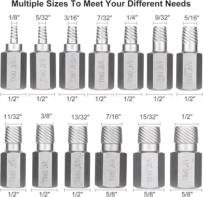 XEWEA 13Pcs Screw Extractor Set Multi-Spline Easy Out Bolt Extractor Kit, Chrome Molybdenum Alloy Steel Hex Head Bolt Remover Tool for Broken Stripped Rusted Bolts Screws Nuts