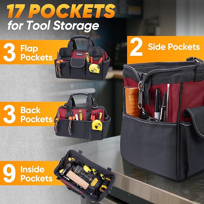 TICONN Heavy Duty Tool Bag with Multi-Pockets, Portable Tool Box Organizer Storage Bag, with Adjustable Shoulder Strap and Ergonomic Handle (Red, 14" Standard Base)