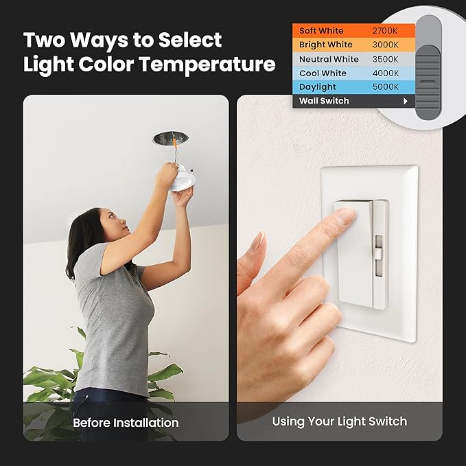 Feit Electric LED Downlight Retrofit Kit with Baffle Trim, 75W Equivalent, 5/6-Inch Dimmable Recessed Can Light, Adjustable White 2700K-5000K, 90+ CRI, 50,000-Hour Lifetime, LEDR56B/6WYCA/MP/6