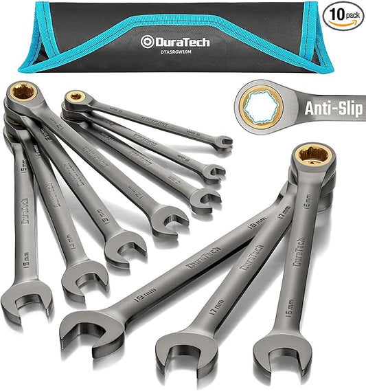DURATECH Anti-Slip Ratcheting Wrench Set, Combination Wrench Set, 10-Piece, Metric 6-18mm, 72-Tooth, Nickel Plating, CR-V Steel, with Pouch