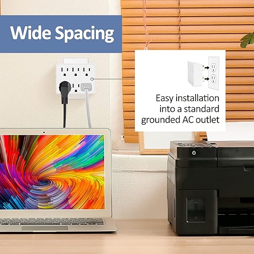 3 Prong Power Strip Outlet Extender, Multi Plug Outlet with 6 Electrical Outlets Adapter, Grounded Wall Outlet Tap, ETL Listed, 125V, 15A, Max 1875W, Quick and Easy Install, White