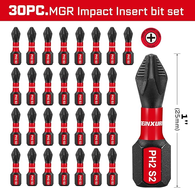 30Pieces Magnetic #2 Phillips 1 in. Hex Anti-Slip Screwdriver Bits, 1/4 Inch Hex Shank Impact Tough PH2 Cross Screwdriver Bits Set