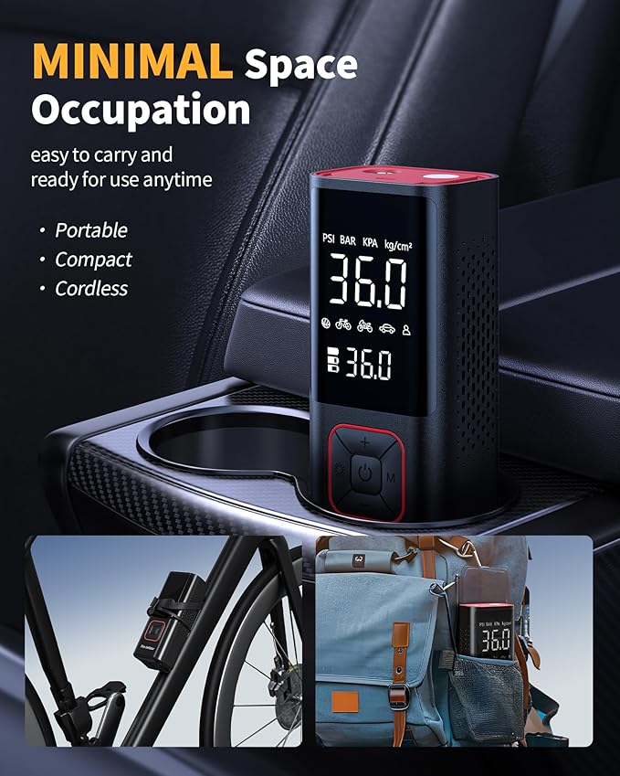 Cordless Tire Inflator Portable Air Compressor - 150PSI Air Pump with Auto Shutoff Function for Car Tires, Inflatables, Motorcycle, Balls, Compact Bike Tire Pump with LED Light, Red, Large