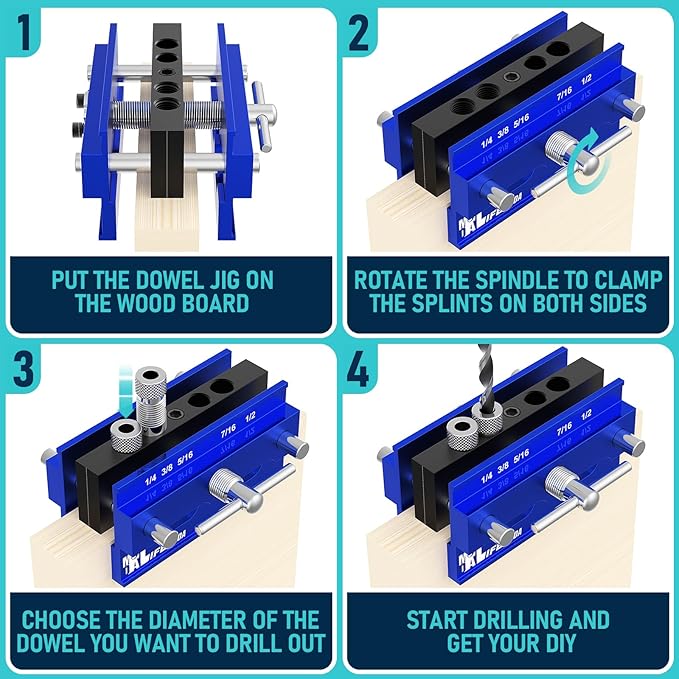 Self Centering Doweling Jig Kit, Drill Jig For Straight Holes Biscuit Joiner Set With 6 Drill Guide Bushings, Adjustable Width Drilling Guide Tool Accessory Jigs (Blue)