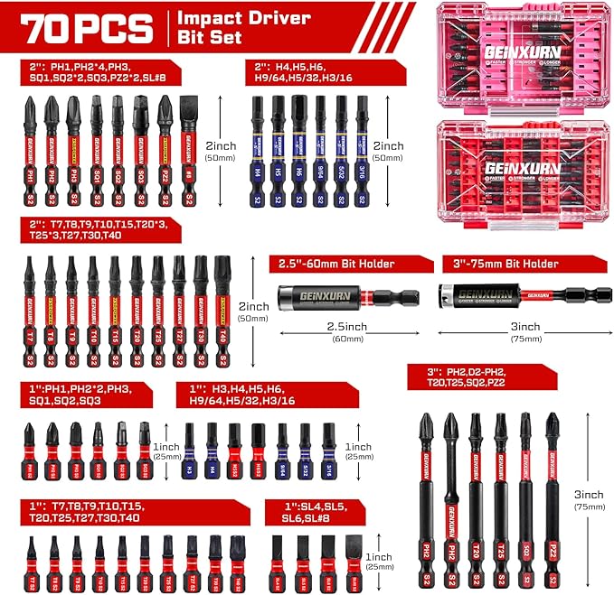 70Pieces Impact Screwdriver Bits Set, Magnetic S2 Steel 1”/2”3”Phillips/Square/Torx/Slotted/Hex/Pozi Bits Tips and Impact Bit Holder with Red Storage Box Case