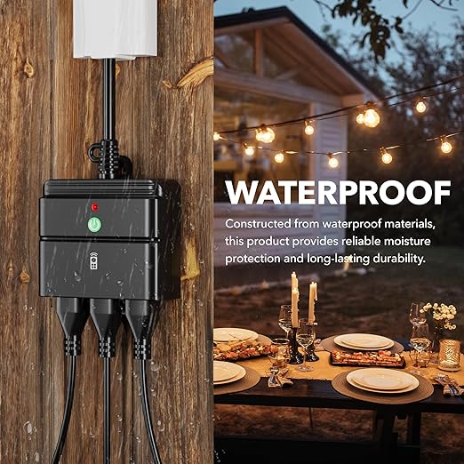 BN-LINK Outdoor Indoor Wireless Remote Control 3-Prong Outlet Weather Proof Heavy Duty 15 AMP Compact (Black) 3 Grounded Outlets with Remote 6-inch Cord 100ft Range ETL Listed