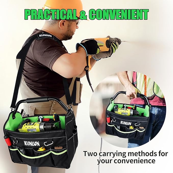 17-Inch Open Top Tool Bag, Electrician Tool Bag, Tool Tote Bag Organizer for Easy Tool Access, 33 Pockets Foldable Tool Carrier with Rotating Steel Handle and Removable Shoulder Strap (Black+Green)