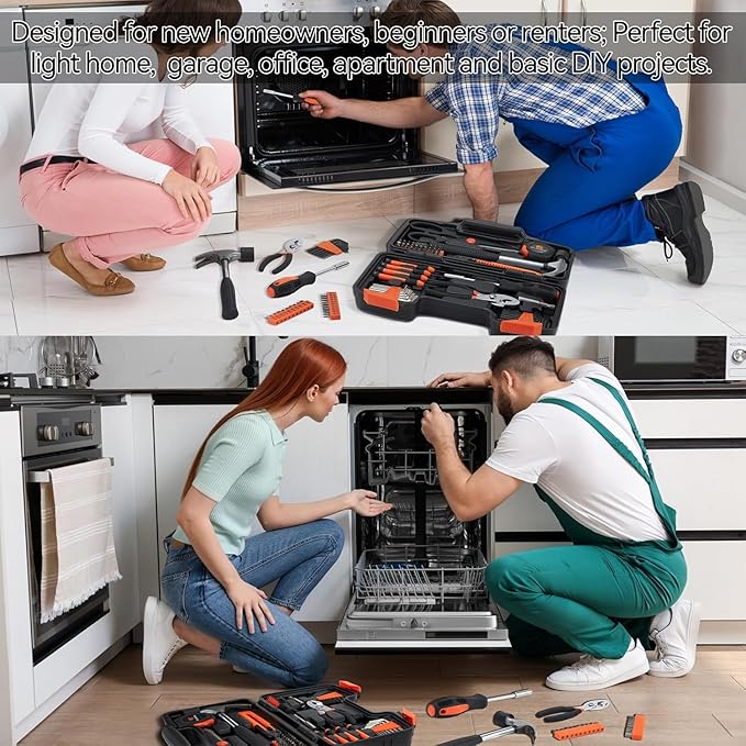 58 Piece Household Tool Set, General Household Hand Tool Kit with Plastic Toolbox Storage Case, All Purpose Household Tool Kit for Home, Garage, Office and College Dormitory Use, Orange
