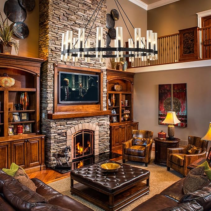 48 Inch Black Wagon Wheel Chandelier, 16 Lights, with Brown Glass Shade, Large Hanging High Ceilings Chandeliers for Dining Room Kitchen Foyer Entryway Living Room