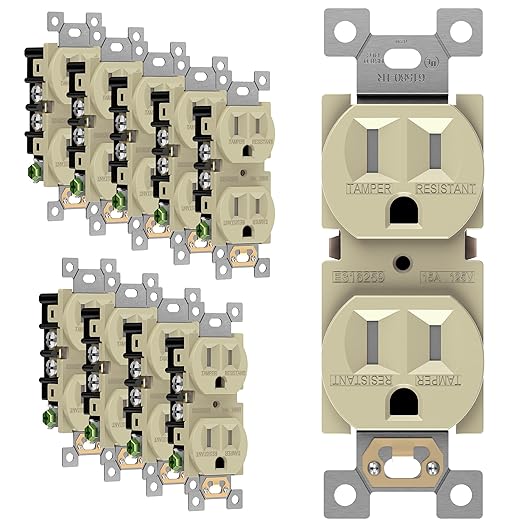ENERLITES Duplex Receptacle Outlet, Tamper-Resistant, Residential Grade, 3-Wire, Self-Grounding, 2-Pole,15A 125V, UL Listed, 61580-TR-I-10PCS, 4.06" L x 1.31" W, Ivory (10 Pack)