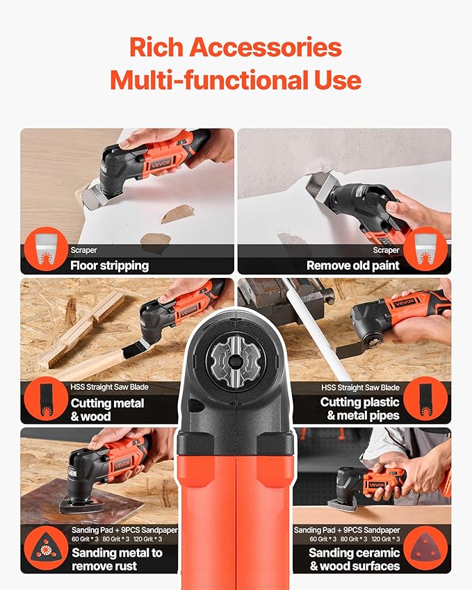 VEVOR Cordless Oscillating Tool, 20V Oscillating Multi Tool Kit with 6 Variable Speeds 8500-17000 OPM, 3.2° Oscillation Angle, 2.0Ah Battery Pack & Charger, 12PCS Saw Accessories & LED Work Light