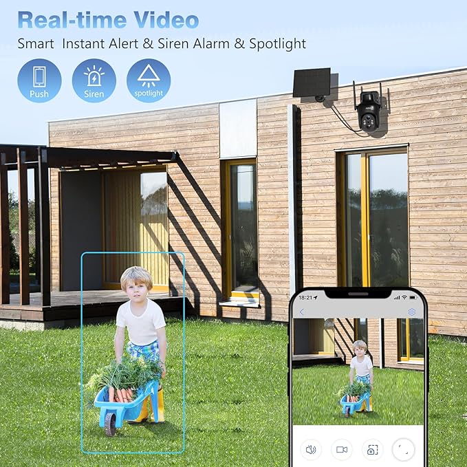 Xega 4 Pack Security Camera Wireless Outdoor, 2K PTZ Camera WiFi Surveillance Rechargeable Battery with Solar Panel, Color Night Vision, 2-Way Audio, PIR Motion Detection, Spotlight & Siren, IP66