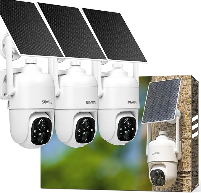 Sovmiku 3CQ1 AI 2K Solar Security Camera Wireless Outdoor,Battery Powered Camera,Two-Way Audio,PIR Motion Detection,Easy to Setup,Pan/Tilt 360° View,Color Night Vision,Audible Flashlight Siren,SD Slot