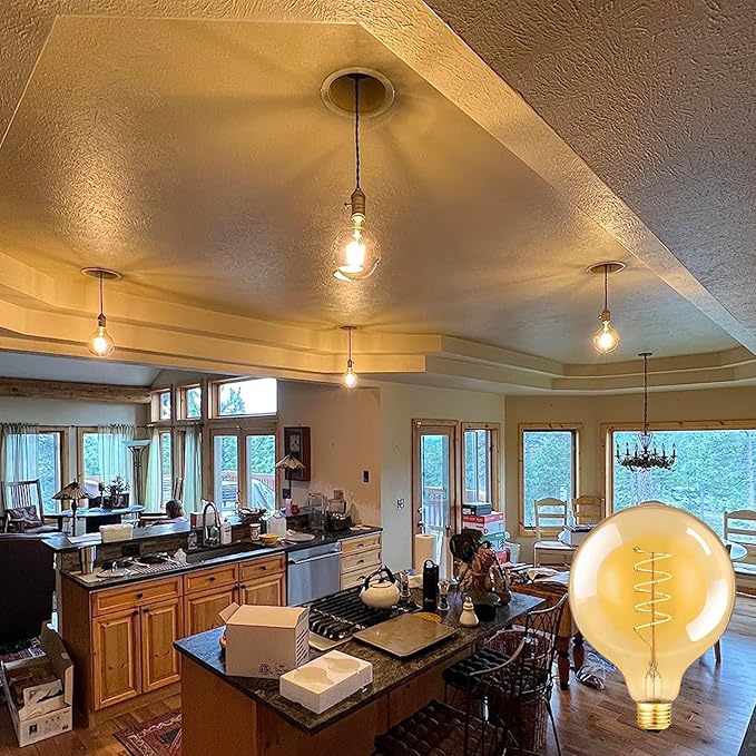 Leools Vintage LED Spiral Filament Bulb G125 Dimmable Flick-Free 6W CRI95 LED Edison Globe Light Bulb E26 Base,Amber Glass,Warm White,2200K, 500LM(60W Equivalent), Pack of 1