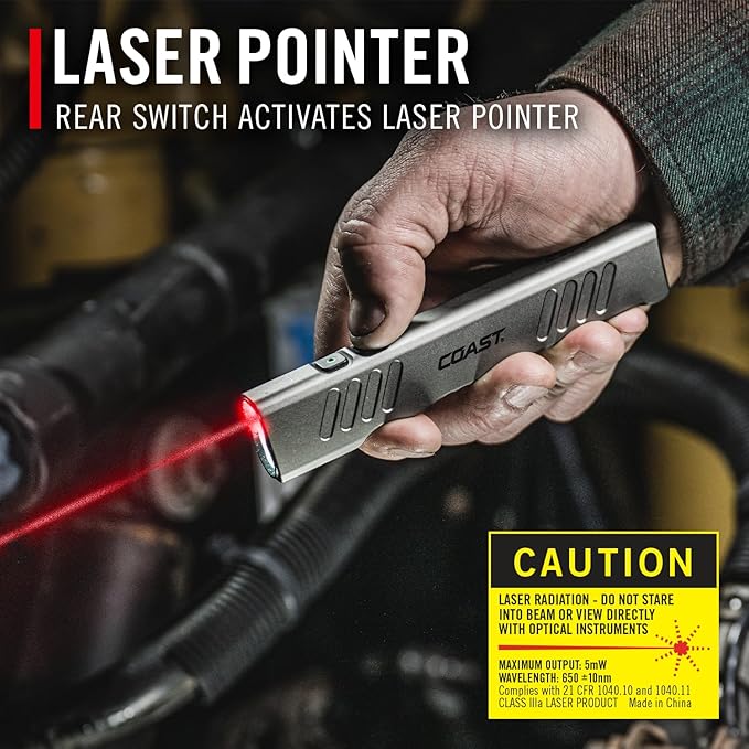 Coast Slayer Laser 1000 Lumen USB-C Rechargeable LED Flashlight with Pocket Clip - 5 mW Laser, 650 nm Wavelength