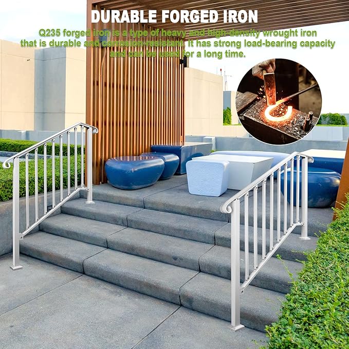 Adjustable Handrails for Outdoor Steps, Handrail Picket #3 Fits 3 or 4 Steps, Mattle Wrought Iron Handrail, Stair Rail with Installation Kit for Outdoor Steps,White