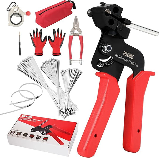 Stainless Steel Cable Tie Gun Set – Heavy Duty Metal Zip Tie Tool Kit - 150PCS Self-Locking Ties, Adjustable Fastening & Cutting Tool for Outdoor Fencing, Automotive, Exhaust Pipes (Red)