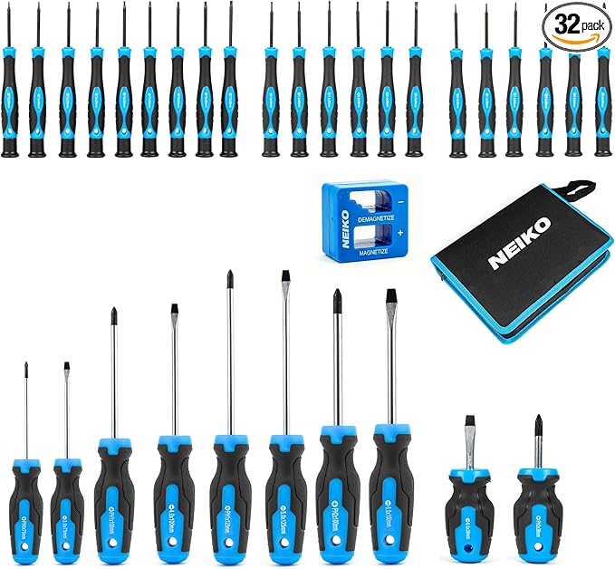NEIKO 01379A Master Screwdriver Set, 32 Piece Magnetic Precision Screwdrivers, Phillips, Flathead, Slotted, and Torx Drivers, Includes Magnetizer and Demagnetizer, Small Magnetic Screwdrivers