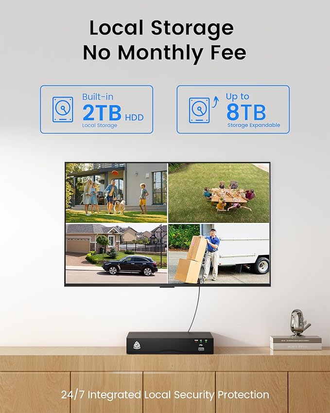4K PoE CCTV Security Camera System, 8CH NVR with 2TB HDD and 8X 8MP PoE IP Cameras with AI Detection & Instant Alert, 100ft IR Night Vision, 24/7 Recording, 2-Way Audio, No Monthly Fee