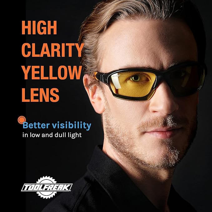 ToolFreak Spoggles - Yellow Lens With Hard Case - Safety Glasses & Protective Goggles - Polycarbonate Lens, ANSI Z87 Rated Protection - Foam Padded, Removable Legs, Headstrap, Hard Case & Cloth