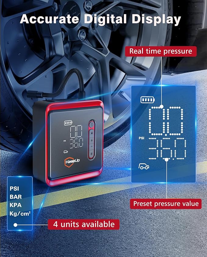 Tire Inflator Portable Air Compressor - KEEPUP 150 PSI Cordless Air Pump with Rechargeable Battery for Car Tires Ebike Motorcycles Bicycles Balls with Tire Gauge Pressure, Dual-Use Type