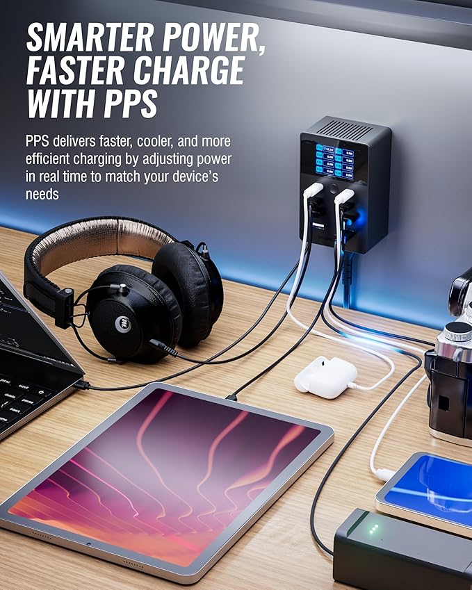 SABRENT 252W Charger – 8-Port USB PD 3.0 with LCD Display, Fast Charging for USB-C & USB-A Devices, Laptops, Phones, Tablets, Gaming Consoles – PPS, Overcharge Protection, Travel-Friendly (AX-8PTC)