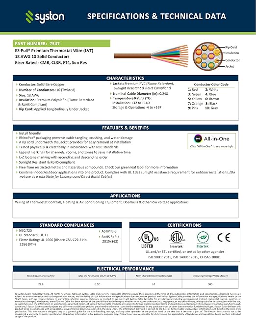 Syston 18/10 Thermostat Doorbell HVAC Heating Control Cable Wire, 100% Solid Copper Conductors CL3R/FT4/CMR Riser-Rated UL/ETL Listed, UV Resistant RoHS for Indoor/Outdoor Low Voltage Applications Use