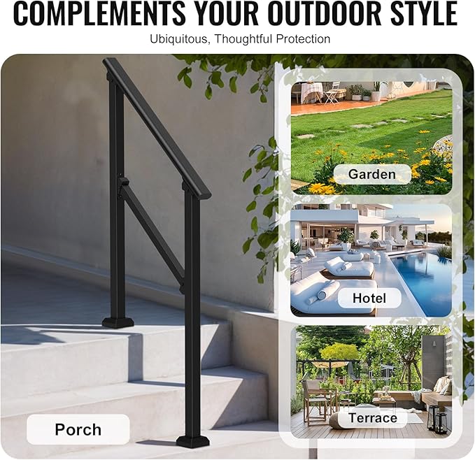 VEVOR Handrails for Outdoor Steps, 2 PCS 2 Step Stair Hand Rail Kit, Transitional Carbon Steel Railings with Installation Kit, Stair Rails for Seniors, Concrete & Porch & Deck, Black Square Tube
