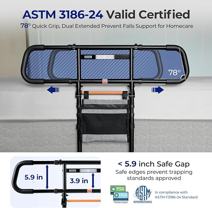 C5 Pro Bed Rails for Elderly Adults Safety - Foldable Bed Assist Rail with Adjustable Height, Bed Cane with Non-Slip Wider Handrail, Motion Sensor Light Fits King Queen Twin Beds, Supports 350 LBS