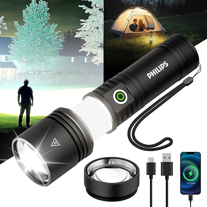 PHILIPS Flashlights High Lumens Rechargeable,2000lm Tactical Flashlights with Camping Lamp&Ignition Lens,2 Colors,Zoomable,5Modes,Reverse Charging,LED Bright Flashlight for Home,Outdoor,Gift