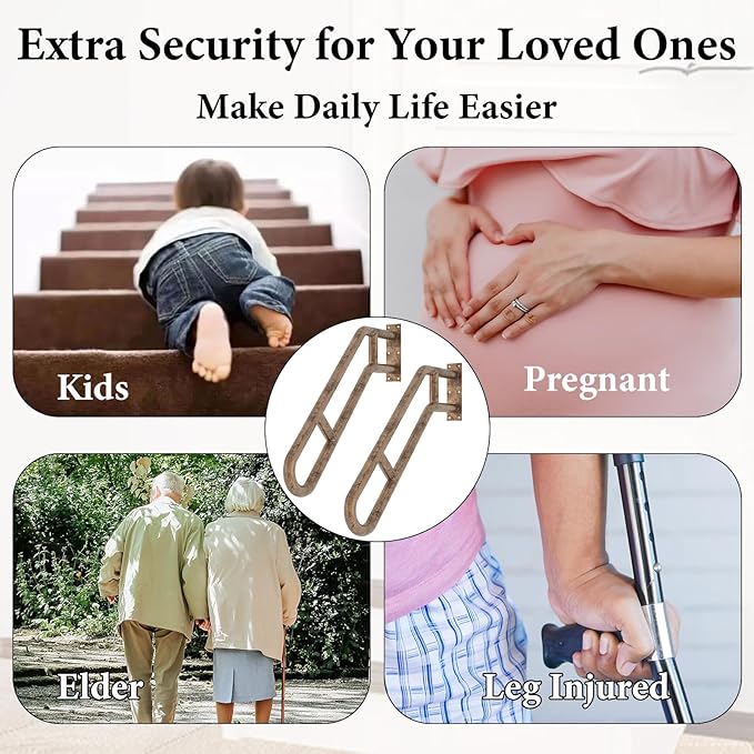 2 Pack Hand Rails for Outdoor 1-3 Steps, 27" Bent Wall Mount Handrail, Antique Metal Stair Handrails, Grab Bars with 2 Anti-Skid Crossbar for Garage Porch Stairs for Elderly Kids Disabled