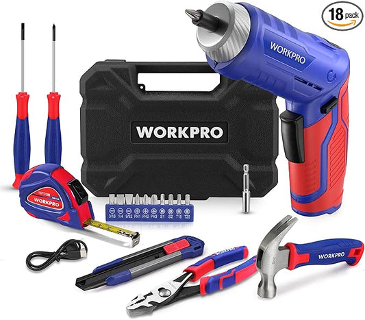 WORKPRO Home Tool Kit with 3.7V Rotatable Electric Screwdriver, 18PCS General Household Tool Kit with Toolbox, Rechargeable Electric Screwdriver Kit, Basic Portable Tool Set for Dorm, Garage, DIY