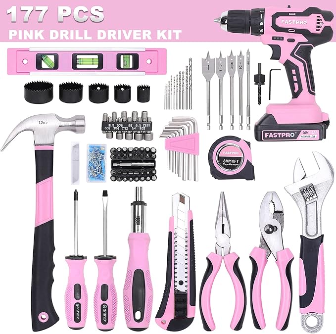 FASTPRO 177-Piece 20V Pink Cordless Lithium-ion Drill Driver and Home Tool Set, Lady's Home Repairing Tool Kit with Drill in Storage Case