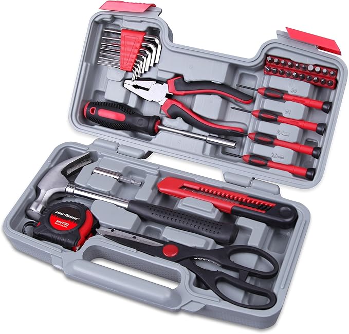CARTMAN 39-Piece Home Tool Set Kit, Essential Household Hand Tools with Plastic Storage Case, Red