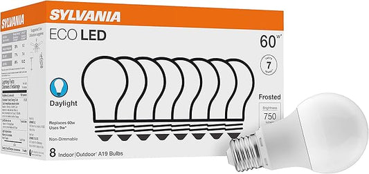 SYLVANIA ECO LED A19 Light Bulb, 60W Equivalent, Efficient 9W, 7 Year, 750 Lumens, Non-Dimmable, Frosted, 5000K, Daylight - 8 Count (Pack of 1) (40883)