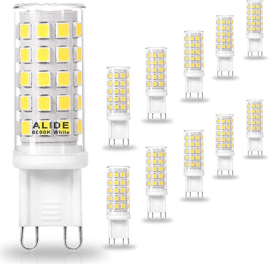 ALIDE G9 Led Bulbs 5W 6000K Daylight Cool Bright White,50W-60W Halogen Equivalent, AC120V T4 G9 Bi-pin Led Bulbs for Chandelier Pendant Lighting,550LM,10Pack, Non-Dimmable