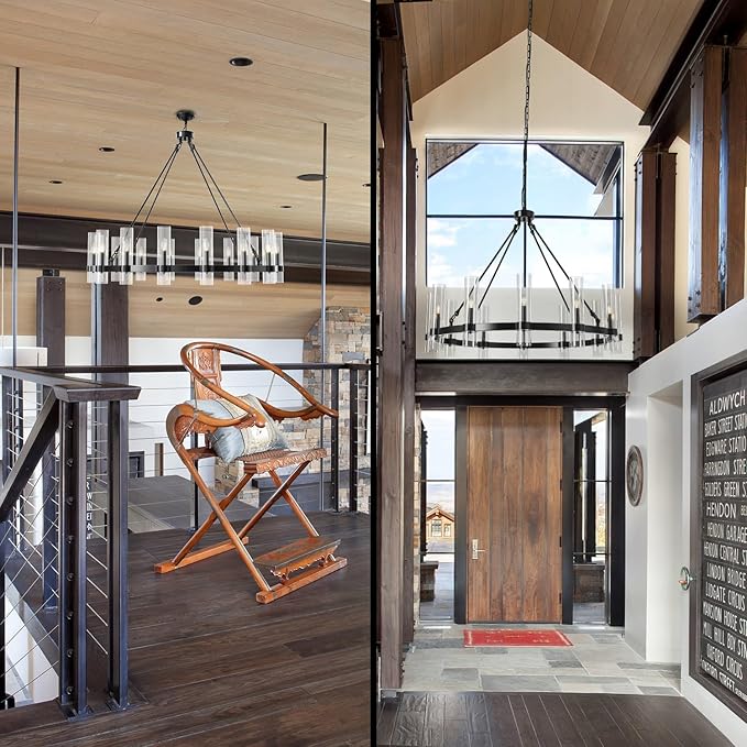 48 Inch Black Wagon Wheel Chandelier, 16 Lights, with Brown Glass Shade, Large Hanging High Ceilings Chandeliers for Dining Room Kitchen Foyer Entryway Living Room