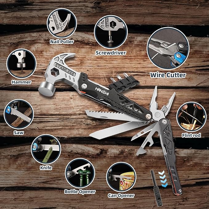 HANSHI Replaceable Wire Cutter Hammer Multitool with Nylon Sheath for Outdoor,Camping,Survival,Hiking,17 In 1 Pocket Multi Tool with Spring-Action Plier,Knife,Flint Rod,Safty Whistle for Gift